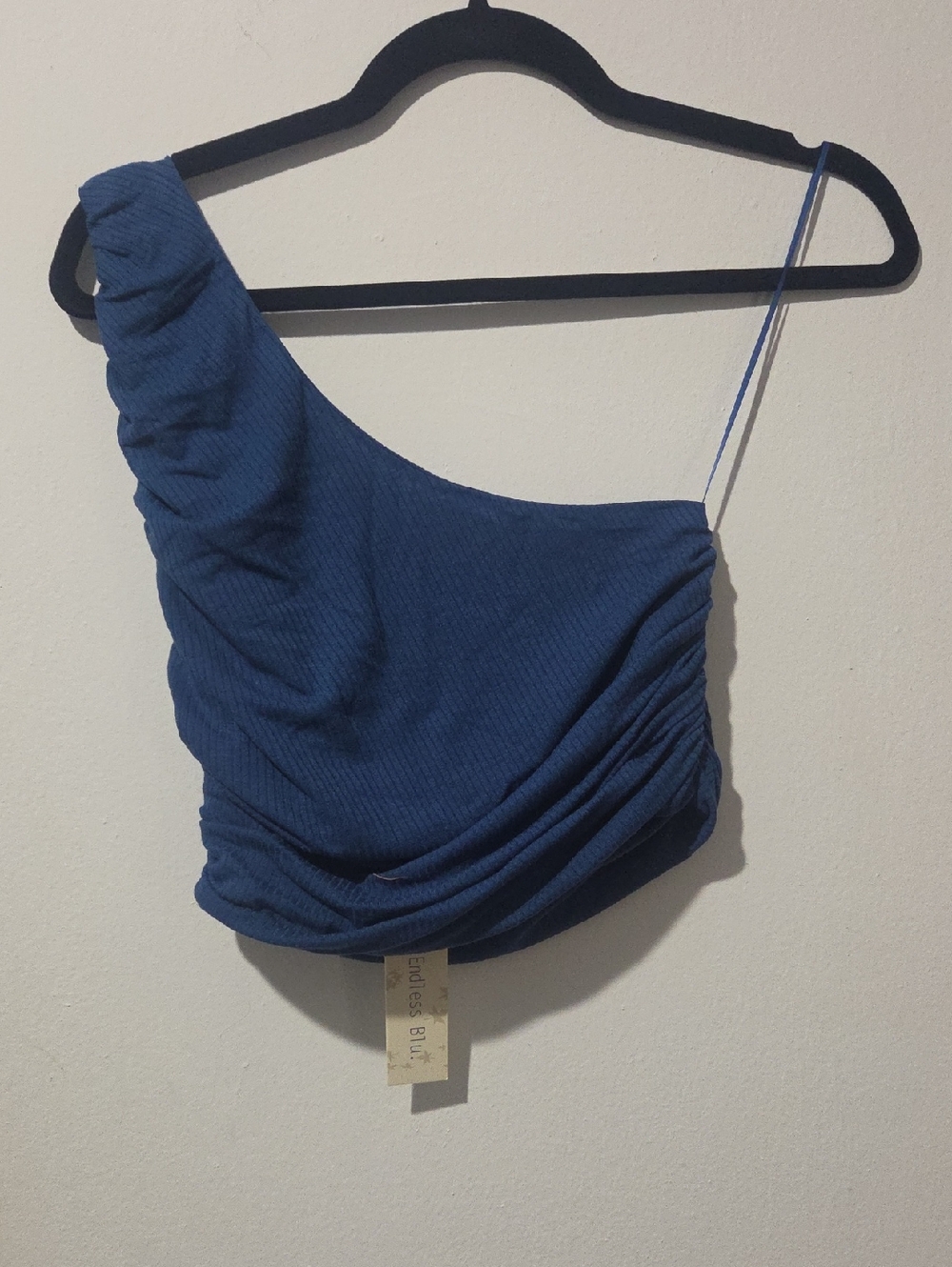 One-Shoulder Blue Ruched Crop Top
